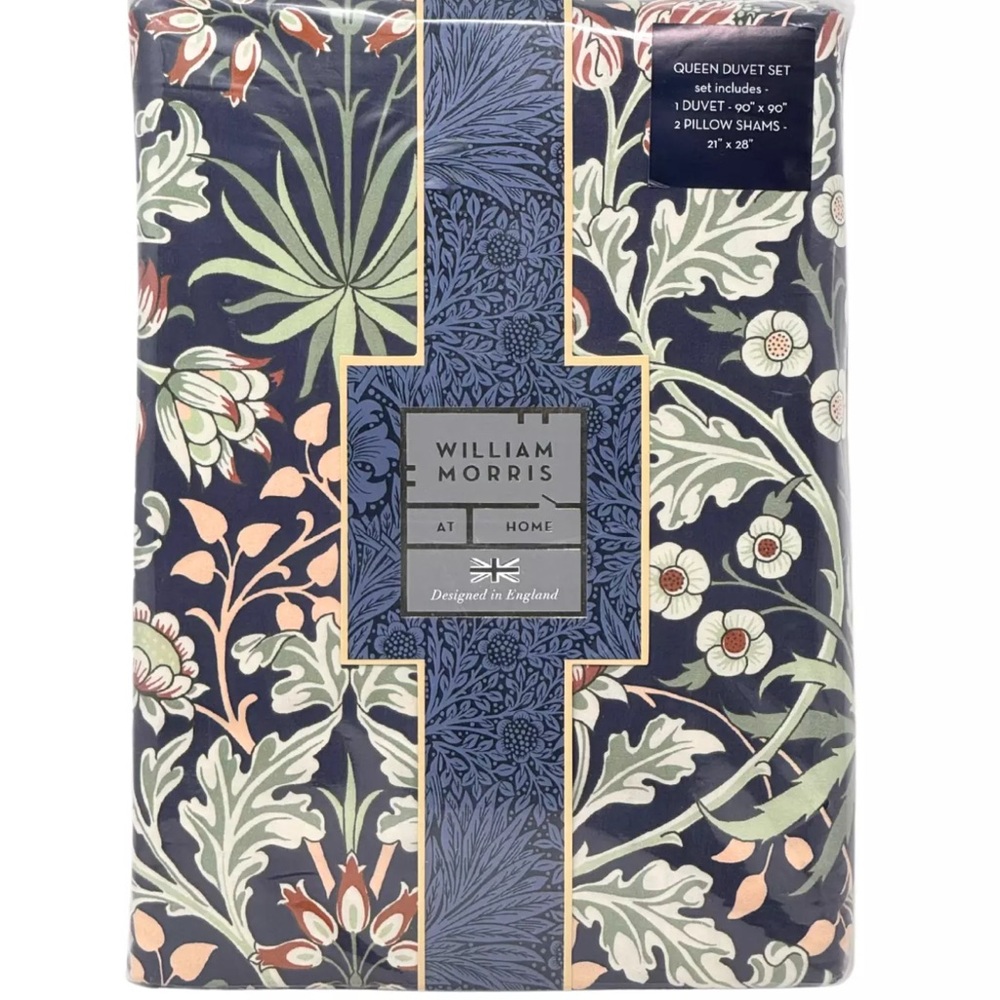 WILLIAM MORRIS England QUEEN Cotton Sateen Hyacinth Blue & Sage Duvet Cover Set